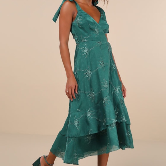 Lulus Elegant Direction Green Embroidered Ruffled Tie-strap Midi Dress - Size L - Picture 1 of 1